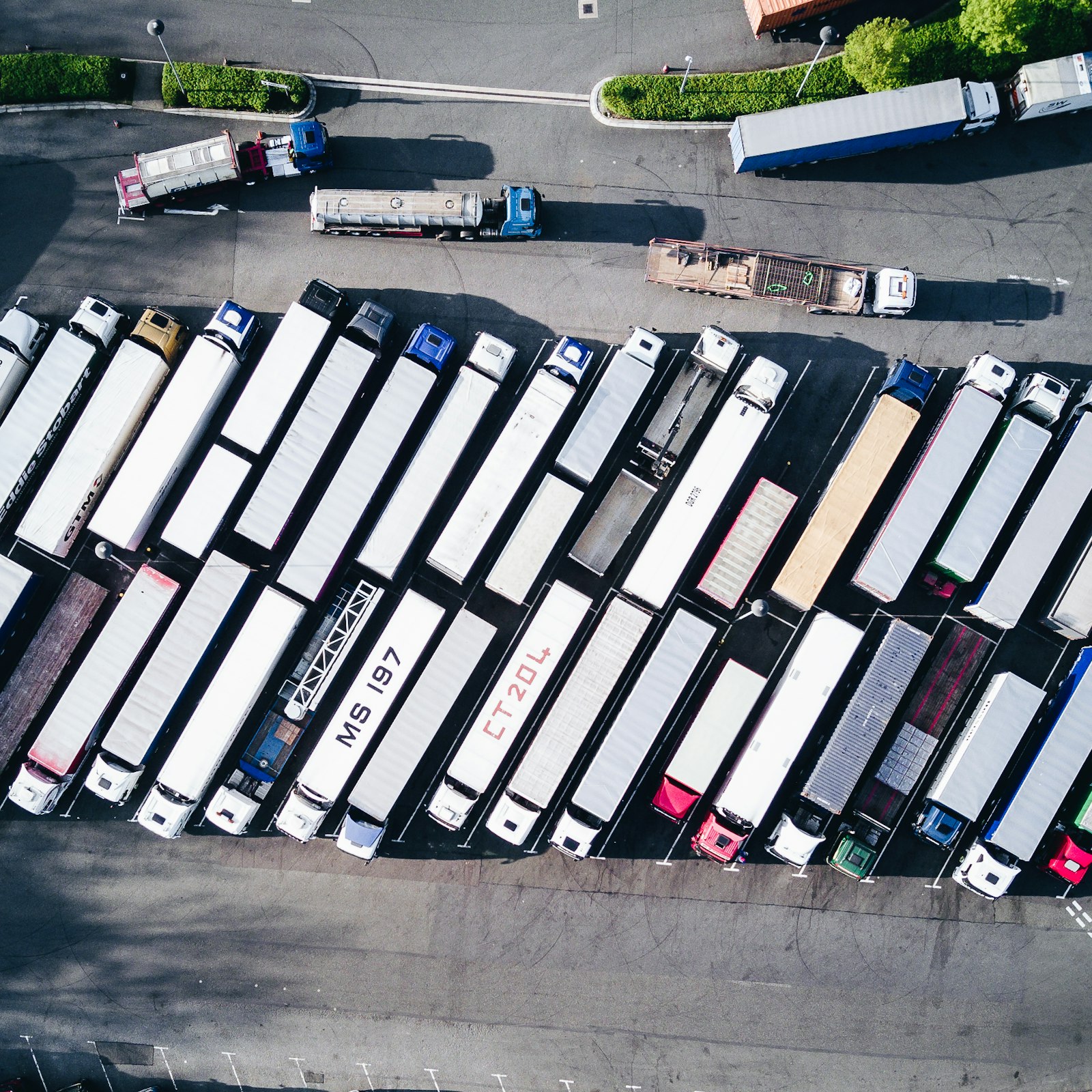 Trailers parked in a truck yard, seen from above